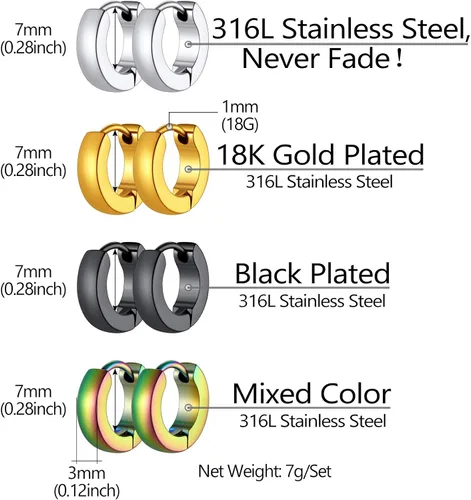 Vista 5 de Juego clásico de 345 pares de aretes de aro para hombres y mujeres, 0.118 in de ancho, de acero inoxidable, hipoalergénicos, joyería minimalista