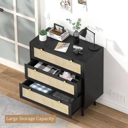 Vista 6 de Anmytek Juego de 2 cómodas negras con 3 cajones para dormitorio, cómoda moderna de madera con 3 cajones, cómoda negra con amplio almacenamiento