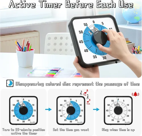 Vista 3 de Secura Home - Temporizador visual de 7.5 pulgadas, temporizador de cuenta atrás de 60 minutos extragrande para niños, herramienta mecánica de Azul