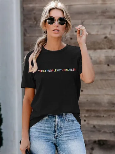 Vista 4 de ALLTB Treat People with Kindness - Camisa de mujer con bordado inspirador gráfico para profesoras, camisetas casuales de manga corta positivas