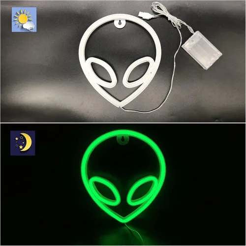 Vista 5 de Letrero de neón alienígena LED verde con luces de neón USB/funciona con pilas, letrero de luces alienígenas genial para decoración de pared