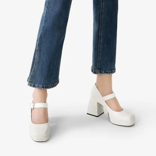 Vista 5 de DREAM PAIRS Zapatos de tacón alto y grueso con plataforma cerrada para mujer, tacón de bloque Mary Jane, punta cuadrada, con tiras, vestido de boda
