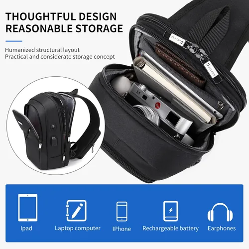 Vista 23 de DUSLANG Mochila de hombro para senderismo, bolsa cruzada para hombres, bolsas de pecho con puerto de cargador USB para campamento casual, ciclismo