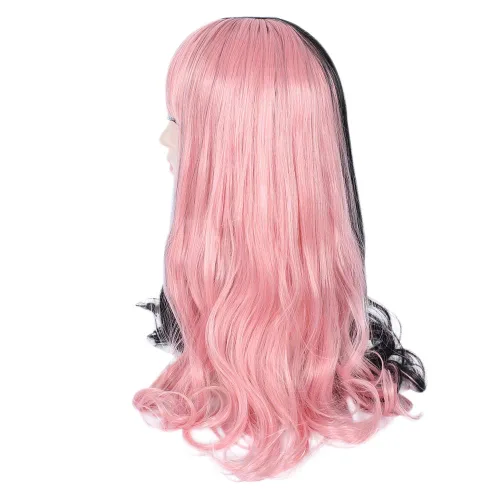 Vista 4 de Peluca larga de cosplay de 24 pulgadas, medio negro, medio rosa, con flequillo, ondulado, Harajuku, linda fiesta diaria, para mujeres y niñas