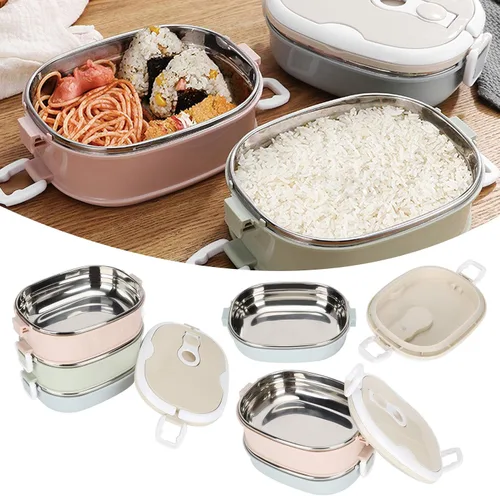Vista 2 de LIZEALUCKY Caja Bento Contenedor de alimentos aislado con asa plegable, lonchera caliente apilable portátil de acero inoxidable aislada lonchera