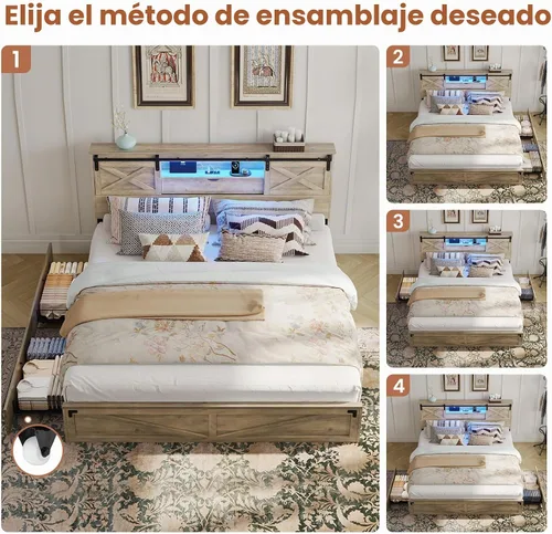 Vista 6 de Base de cama de tamaño King de estilo granja de Hasuit con estante de almacenamiento, cabecero, cama de madera King con luces LED, estación de Roble