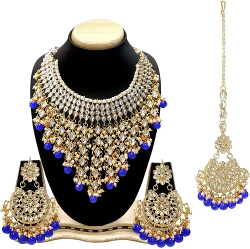 Vista 8 de Aheli Elegant Wear - Gargantilla con tachuelas Kundan de imitación con juego de Maang Tikka Azul