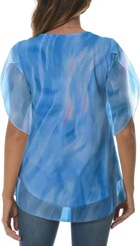 Vista 4 de HAOMEILI Blusas de malla de manga 34 con volantes para mujer, blusas holgadas y elásticas