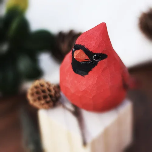 Vista 6 de Ornamento del pájaro cardenal del norte tallado a mano estatuas de madera pintadas para la decoración casera