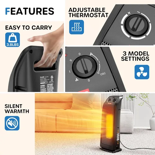 Vista 5 de ECOWELL Calentador de Espacio para Uso en Interiores, Calentador Eléctrico de Cerámica de Calentamiento Rápido de 1500W con Termostato, Calentador