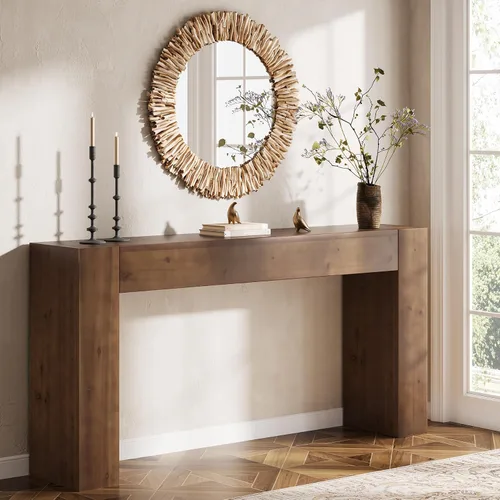 Vista 13 de Mesa Consola de Madera Maciza, Mesa de Sofá Estilo Granja de 63 Pulgadas Detrás del Sofá para Entrada, Sala de Estar, Vestíbulo, Fácil Montaje Negro