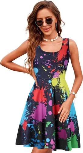 Vista 45 de uideazone - Vestido de mujer sin mangas cuello redondo de verano, para playa, casual, Midi línea A.