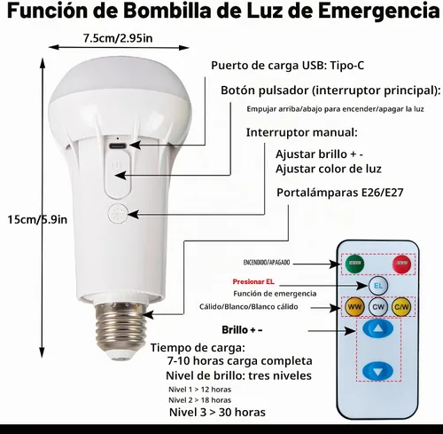 Vista 5 de Paquete de 2 bombillas recargables inalámbricas con carga USB remota, 12 W, funciona con pilas, 30 horas de larga vida de emergencia para corte