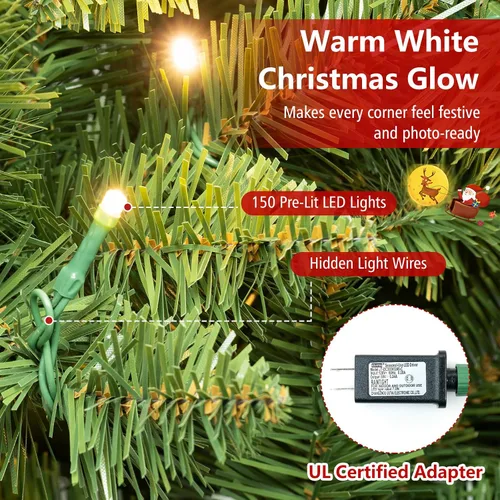 Vista 5 de Goplus Árbol de Navidad de Lápiz Preiluminado de 4.5 pies, Abeto con Bisagras de Alta Calidad, con Luces LED Blancas Cálidas y Soporte de Metal Verde