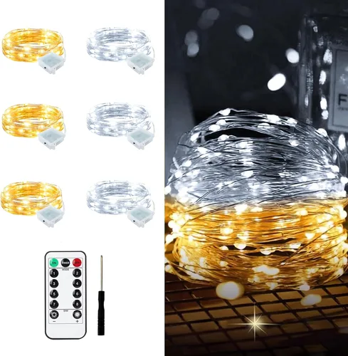 Vista 52 de Aogist Paquete de 24 luces de hadas, 3 modos, 2,1 metros, 20 luces LED, impermeables, cable plateado, funcionan con pilas, mini luces de alambre