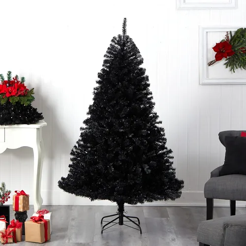 Vista 8 de Nearly Natural Árbol de Navidad artificial negro de 6 pies con 400 luces LED transparentes y 1036 puntas