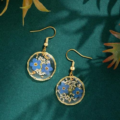 Vista 2 de Aretes de flores prensadas reales para mujer, hechos a mano, diseño bohemio, elegante, joyería floral única, regalo lindo y pensado para Navidad