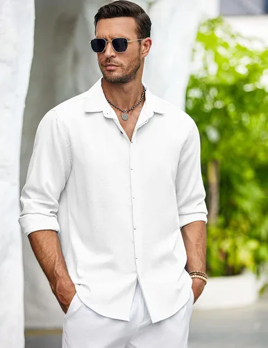 Vista 4 de COOFANDY Camisa casual de manga larga con botones para hombre, camisa de verano para playa, boda