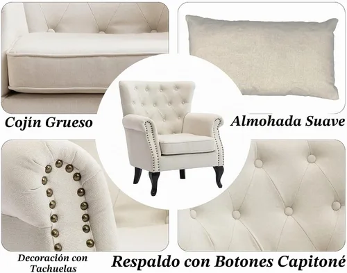 Vista 7 de Juego de 2 sillas decorativas modernas de mediados de siglo, sillón de tela de lino con respaldo acolchado/patas de madera, sillón de descanso