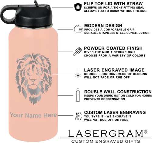 Vista 3 de LaserGram Botella de agua personalizada, hada, acero inoxidable de doble pared aislada al vacío con popote superior, regalo grabado personalizado