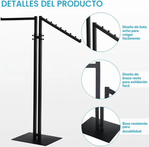 Vista 3 de Ripeng Perchero de ropa de 2 vías con brazos rectos e inclinados, perchero de ropa resistente para restaurantes minoristas, pantalla de Negro