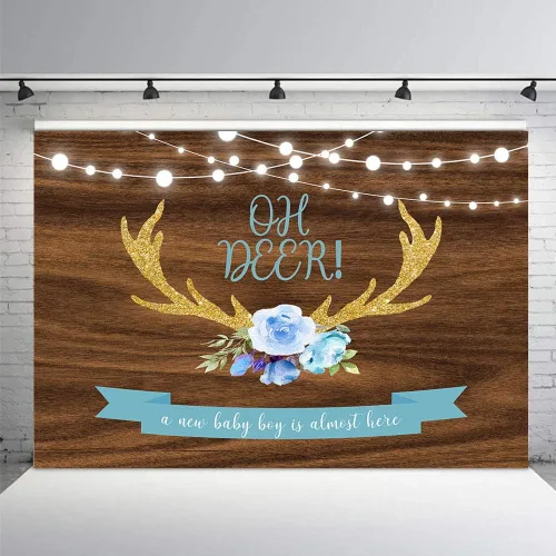 Vista 2 de MEHOFOND 7 x 5 pies Oh Deer Baby Shower fondo utilería azul floral madera rústica It's A Boy Baby Shower Gold Buck caza luces con purpurina bosque