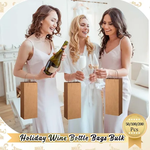 Vista 5 de Handepo 50 bolsas de papel kraft para vino con asas prácticas de 13 x 5.3 x 3.3 pulgadas, bolsas de compras para pequeñas empresas (marrón)