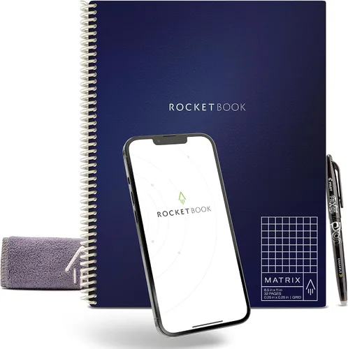 Vista 9 de Rocketbook Matrix Smart - Cuaderno de papel cuadriculado reutilizable, conectado digitalmente, cuaderno isométrico, tamaño carta 8.5 x 11, gris