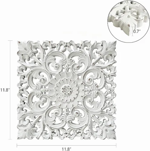Vista 3 de Musanpou Paneles de pared de madera tallados a mano únicos con decoraciones florales colgantes - Decoración de pared rústica de granja para sala