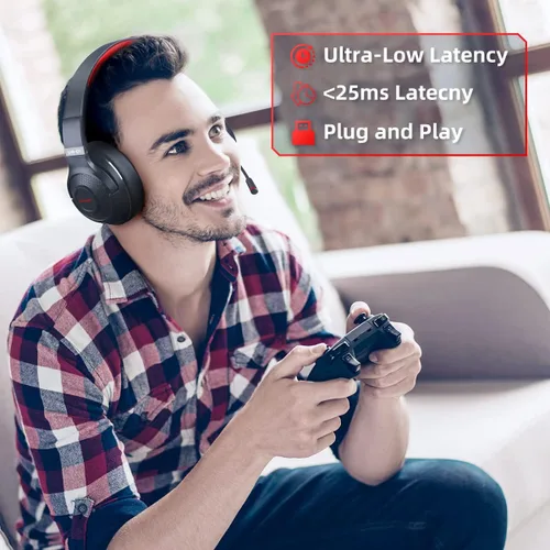 Vista 6 de Auriculares inalámbricos para juegos de 2.4 GHz para PC, PS5, PS4, MacBook, con micrófono, auriculares Bluetooth para teléfono celular, orejeras