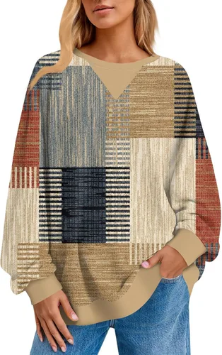 Vista 19 de Sudadera de manga larga para mujer, sudaderas de gran tamaño, estilo casual, cuello redondo, tallas S-2XL