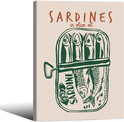 Vista 15 de Impresiones de Sardinas - Pósteres de pared de cocina de moda, diseño de rayas verdes, retro y moderna, estética de alimentos para el hogar