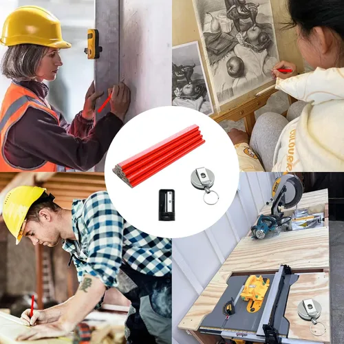 Vista 5 de Juego de 12 lápices de carpintero rojos, lápices de construcción de carpintería de 7 pulgadas con sacapuntas y soporte retráctil para trabajadores