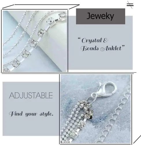 Vista 3 de JEWEKY Tobilleras bohemias de cristal en capas, pulseras de tobillo con diamantes de imitación plateados, cadena de playa, joyería para mujeres