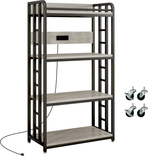 Vista 11 de METYERRY Estante de cocina ajustable de 4 niveles resistente con toma de corriente, con ruedas industriales, soporte de carrito de horno microondas