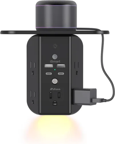 Vista 14 de Extensor de toma de pared con estante y luz nocturna, protector de sobretensiones, cargador de pared USB con 5 salidas USB y 3 puertos USB, 1 salida