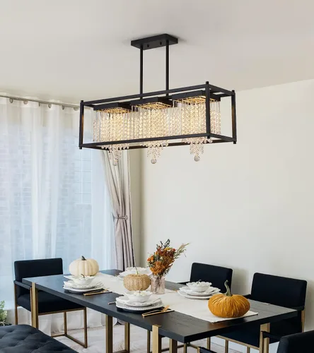 Vista 8 de MEIXISUE Candelabros modernos de cristal K9 RGB LED Rectango, lámparas de araña para comedor, sala de estar, cocina, isla de 33.86 pulgadas de largo