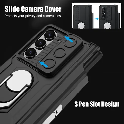 Vista 3 de Funda para Samsung Galaxy Z Fold 5 con protección magnética de bisagra, soporte de anillo y soporte para bolígrafo S, funda resistente a prueba