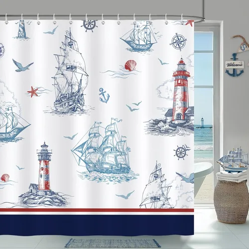 Vista 8 de Cortina de Ducha Bonhause Lighthouse, Decoración de Baño Náutica Costera con Velero y Brújula, 72 x 72 Pulgadas, Tela de Poliéster Impermeable