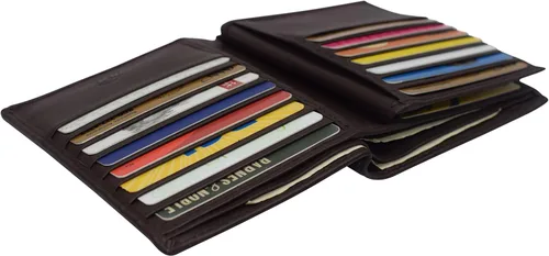 Vista 6 de Marshal Billetera de piel auténtica con bloqueo RFID para hombres ranuras para tarjetas, 2 compartimentos para billetes, ventanas de identificación