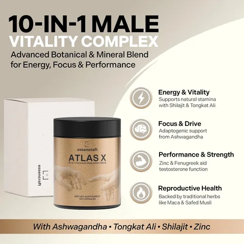 Vista 3 de Essencraft Atlas X Suplemento de testosterona para hombres – 10 en 1 potenciador de testosterona natural y refuerzo muscular con Shilajit, zinc