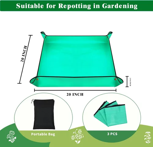 Vista 2 de Paquete de 3 tapetes de trasplante, 26.8 x 26.8 pulgadas, grueso de alta densidad, impermeable, bandeja de jardinería para trasplante de plantas