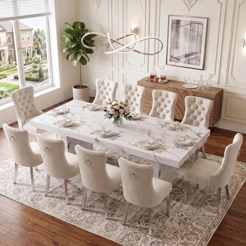 Vista 12 de Ebullient 79" White Dining Table Set for 8, Faux Marble Table & 8 Chairs Cream Chairs