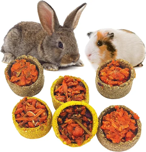 Vista 8 de Paquete de 6 juguetes masticables de conejo para dientes, juguetes Timothy - Cuenco comestible para masticar heno, golosinas molares para conejo