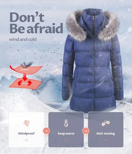 Vista 5 de CREATMO US Chaqueta de nieve de invierno para mujer, abrigo largo acolchado de piel sintética extraíble