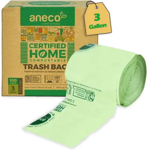 Vista 15 de ANECO Bolsas de basura 100% compostables para el hogar (bolsas de basura de 1.6 galones, 50 unidades), pequeñas bolsas de compost de cocina