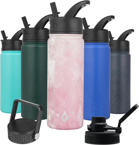 Vista 16 de BJPKPK Botellas de Agua Aisladas con Tapa de Pajita, Botella de Agua de Acero Inoxidable de 18oz, Termo Frío Caliente con 3 Tapas, Vaso de Viaje a