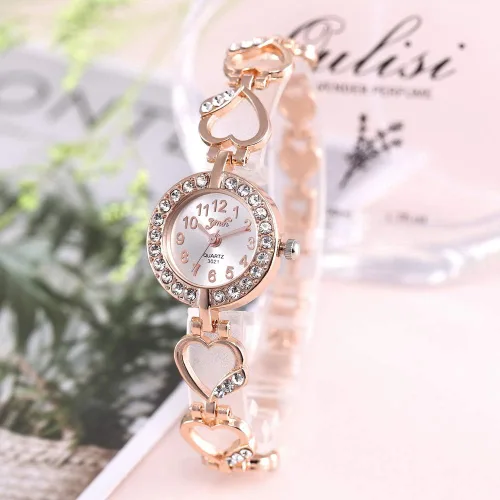 Vista 5 de Reloj con incrustaciones de diamantes de aleación para mujer, con forma de corazón, relojes de vestir, relojes de pulsera de cuarzo para mujer