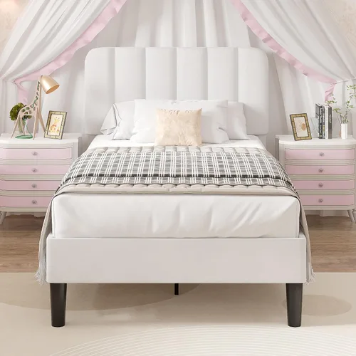 Vista 19 de VECELO Base de cama tapizada de tamaño matrimonial con 4 cajones y cabecero, plataforma de terciopelo, soporte de listones de madera, no necesita