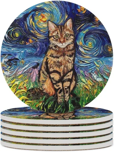 Vista 22 de Van Gogh - Juego de 4 posavasos abstractos de cerámica de diatomita absorbentes con base de corcho, protección de mesa, adecuados para mesas de Gato
